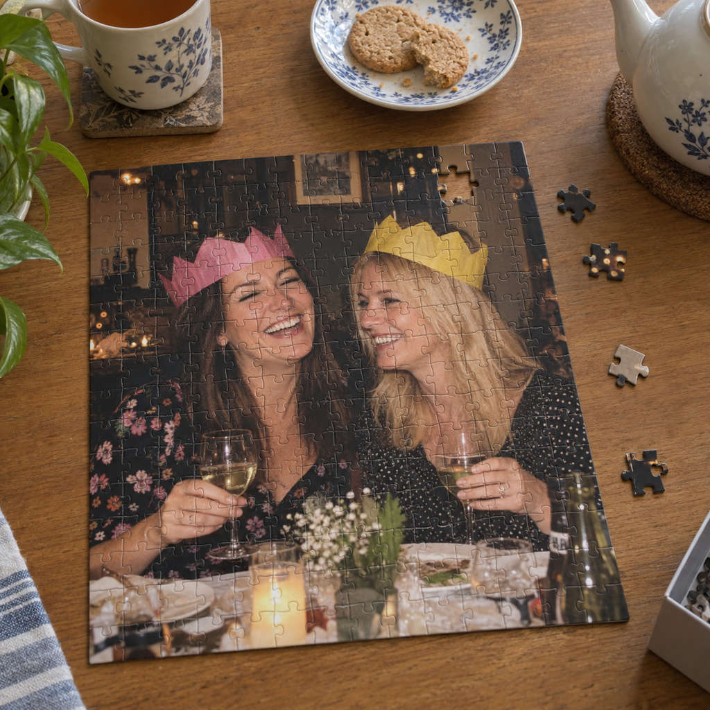 Birthday dinner photo jigsaw puzzle on a home table.