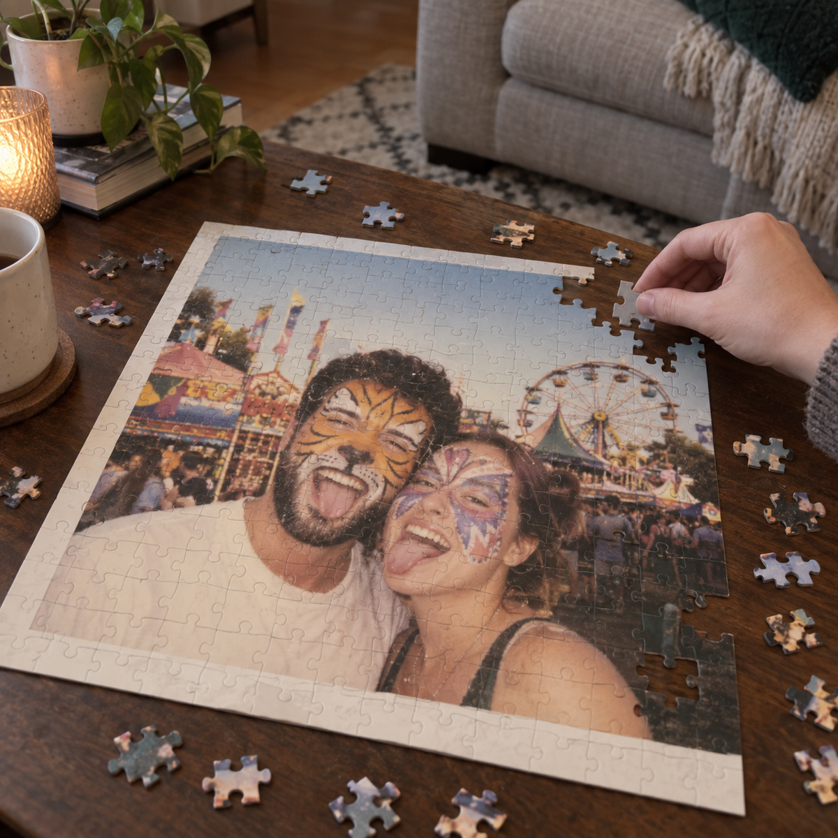 Personalized jigsaw puzzle with a playful couple selfie at a fair.