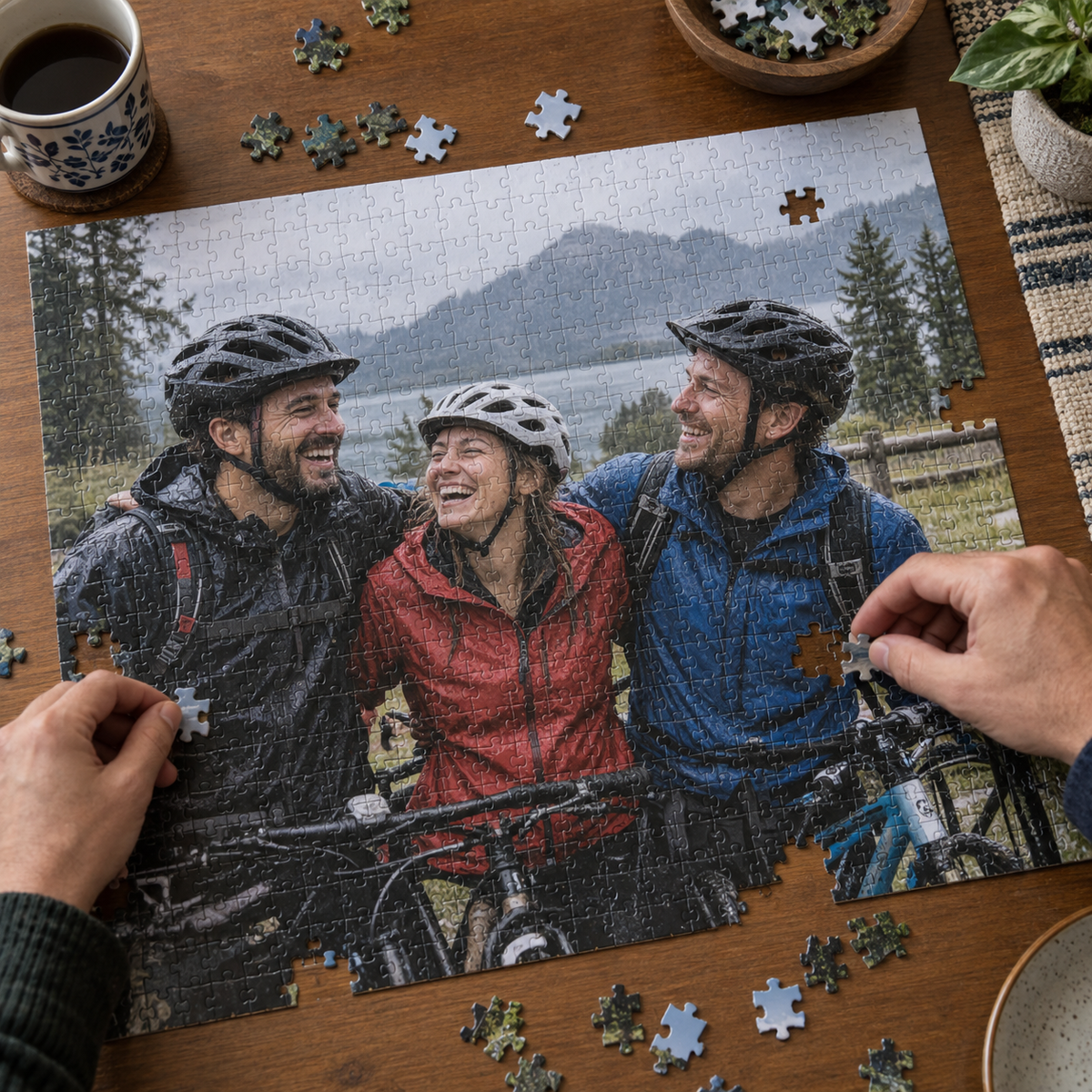 A personalized photo jigsaw puzzle showing friends after a rainy bike ride.