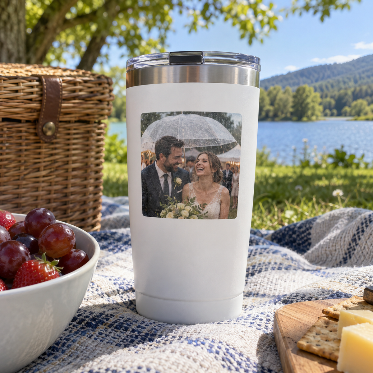 Tumbler printed with a couple at a rainy wedding on a sunny picnic.