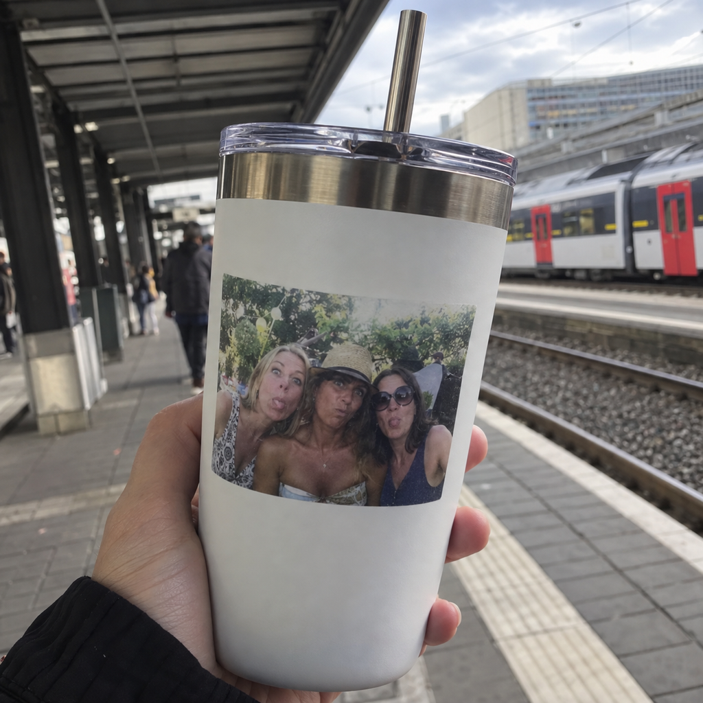 Vacuum tumbler printed with a funny photo of three friends, held at a station.