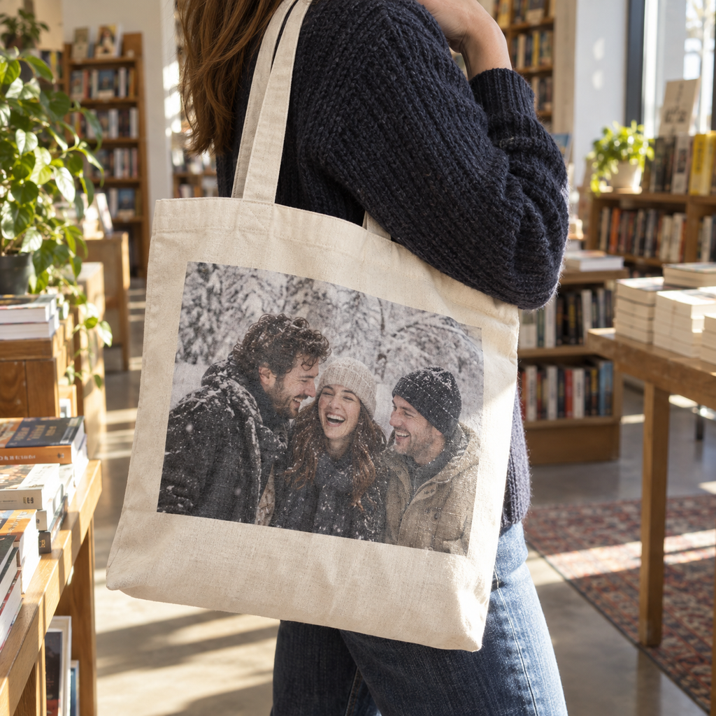 Organic cotton tote printed with snowy siblings in an indoor bookshop.