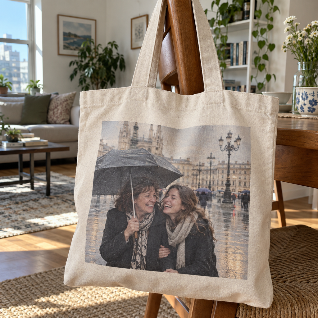 Organic tote printed with a mother and daughter photo at home.