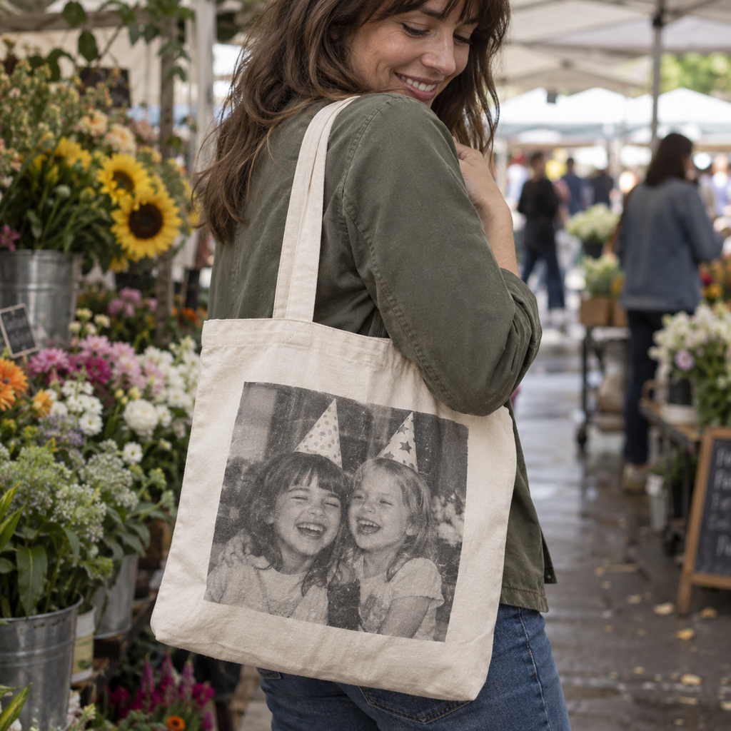An organic cotton tote printed with a childhood birthday photo at a flower market.