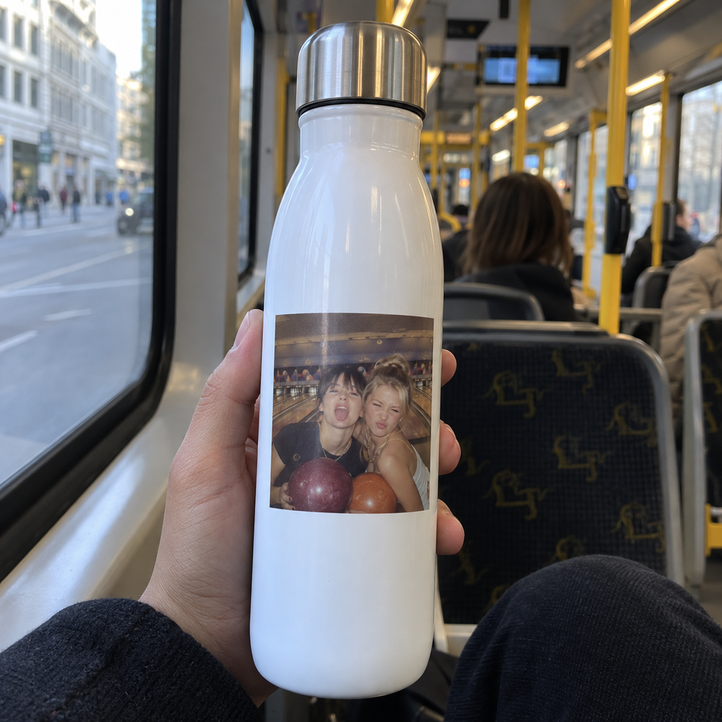 Slim bottle printed with friends at a bowling alley on a tram.