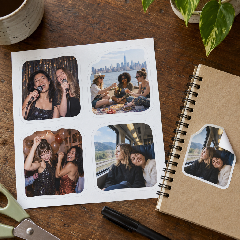 Photo sticker sheet with four friendship memories beside a notebook.