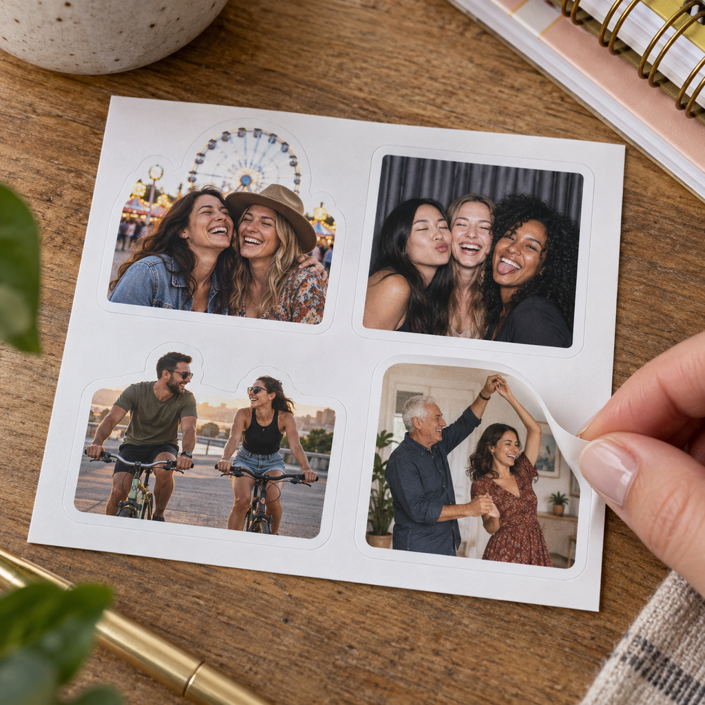 Sheet of four photo stickers showing different loved ones and candid moments.