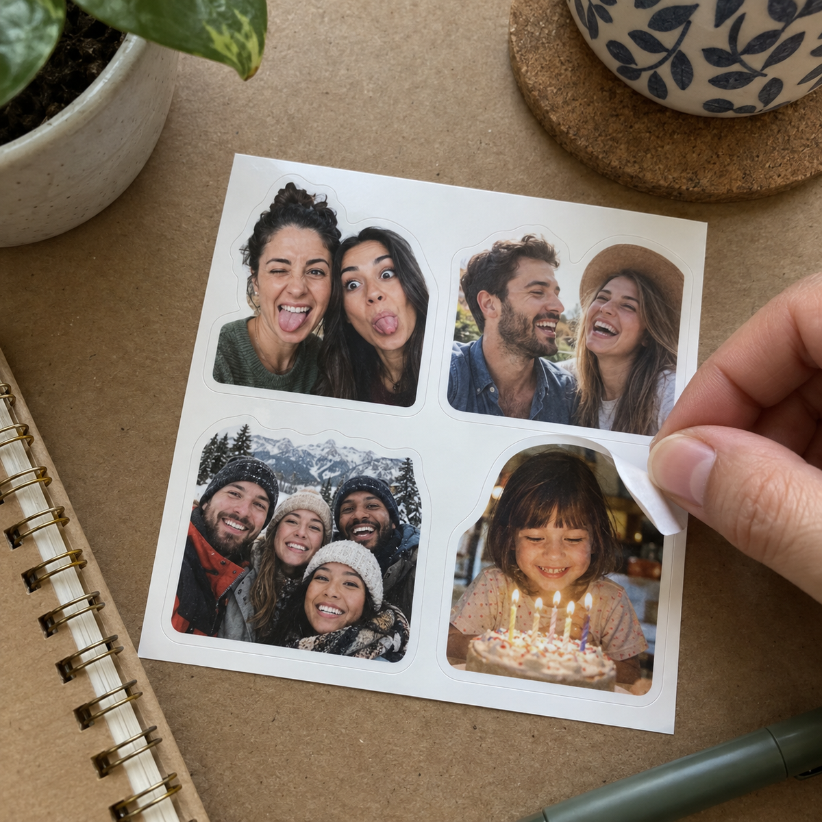 A personalized sheet of four die-cut photo stickers with friends and family moments.