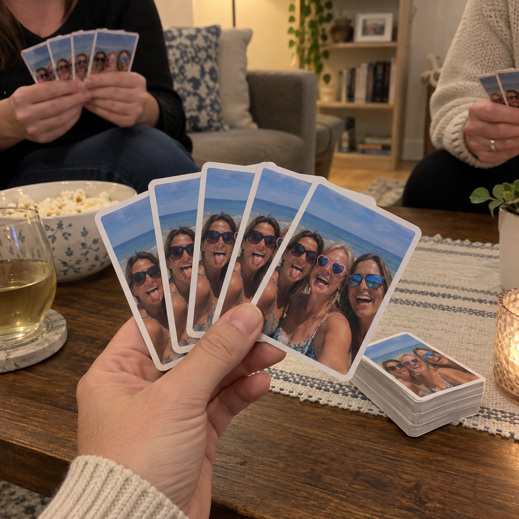 Playing cards printed with friends in sunglasses at a home game night.