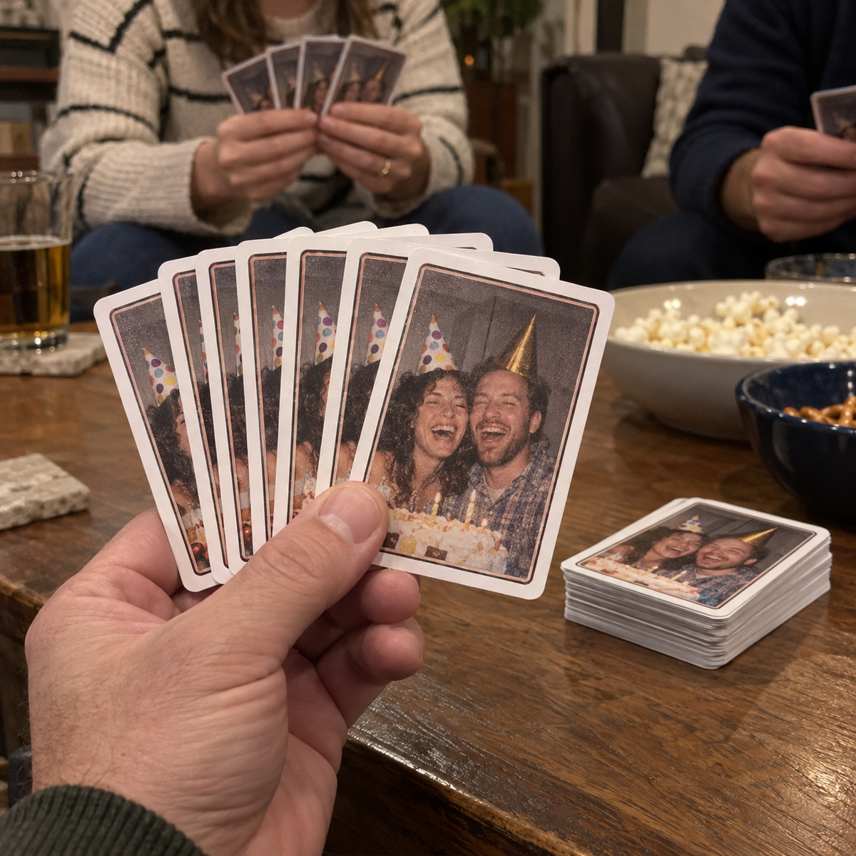 Personalized playing cards with a birthday photo shared at game night.