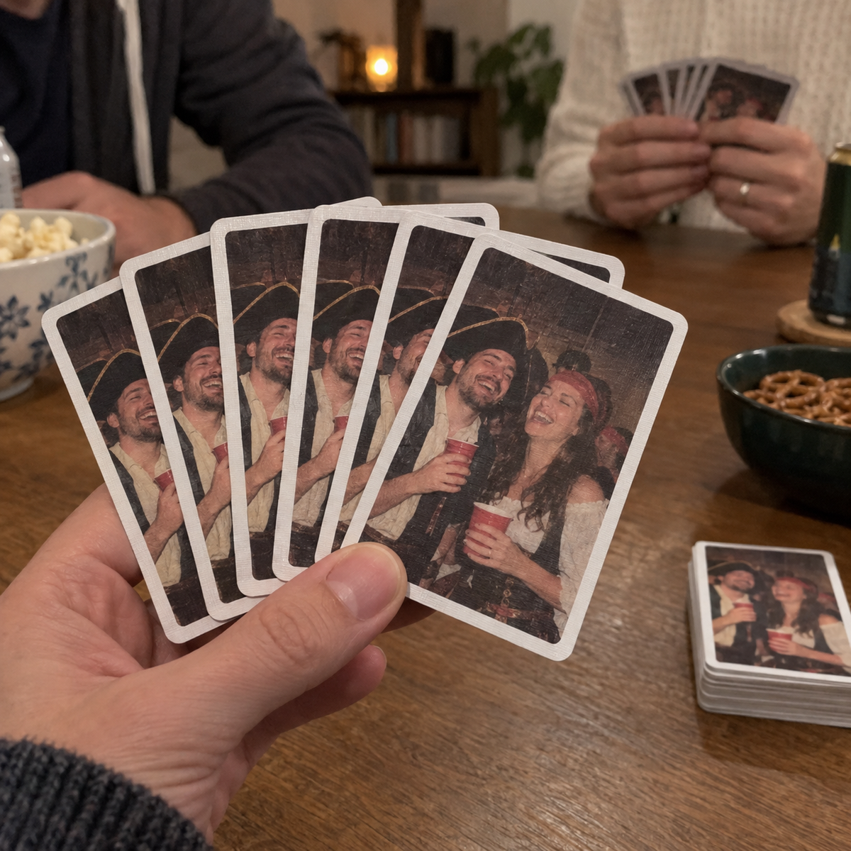 Playing cards printed with a funny couple costume-party photo during game night.