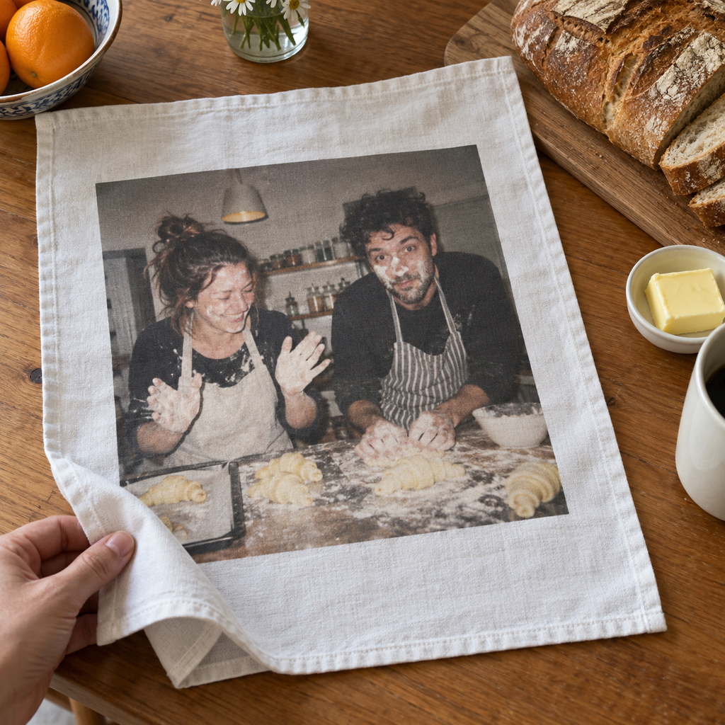 Tea towel printed with a funny baking photo on a breakfast table.