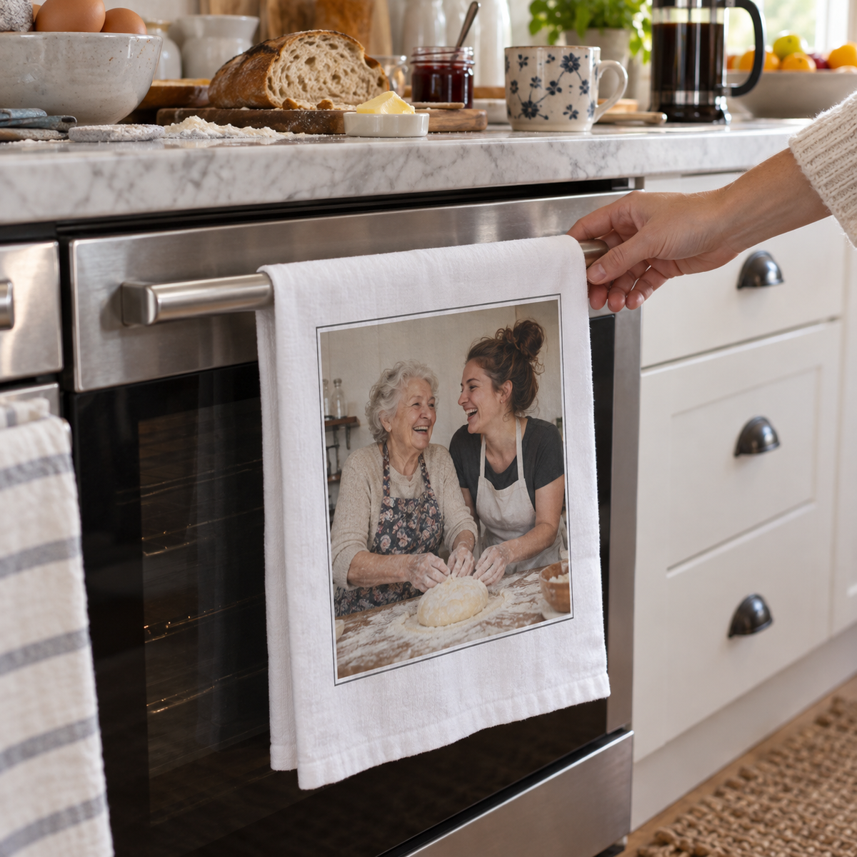 A cotton tea towel printed with grandmother and granddaughter baking together.