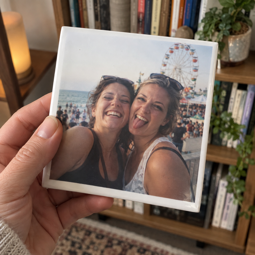 A ceramic photo tile printed with two sisters at a seaside fair.