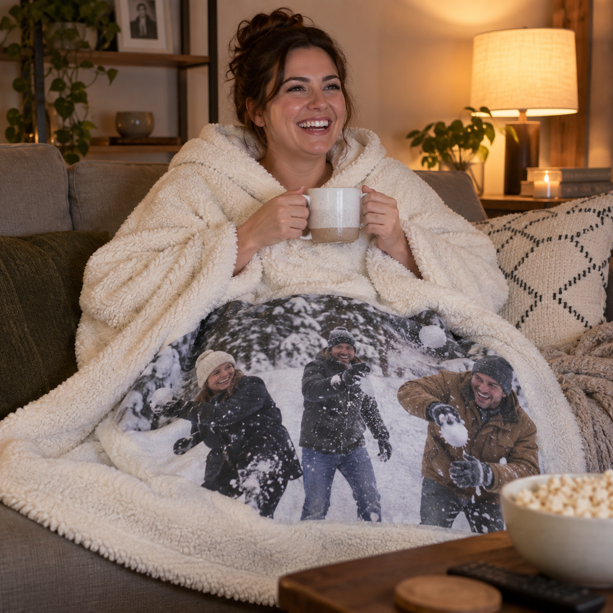 Hooded sherpa blanket printed with a snowball fight on a sofa.