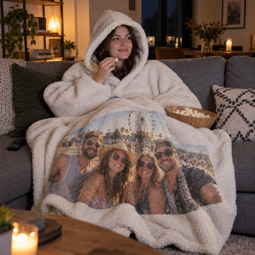 A hooded sherpa blanket printed with a friends festival photo during movie night.