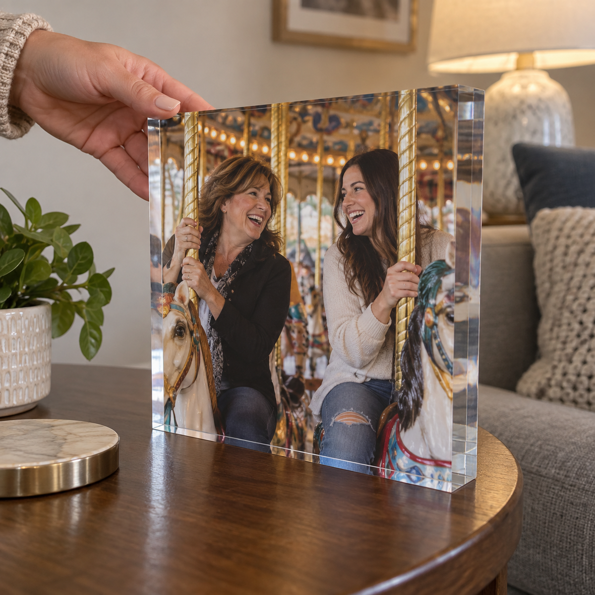 Thick acrylic print of a mother and daughter on a carousel.
