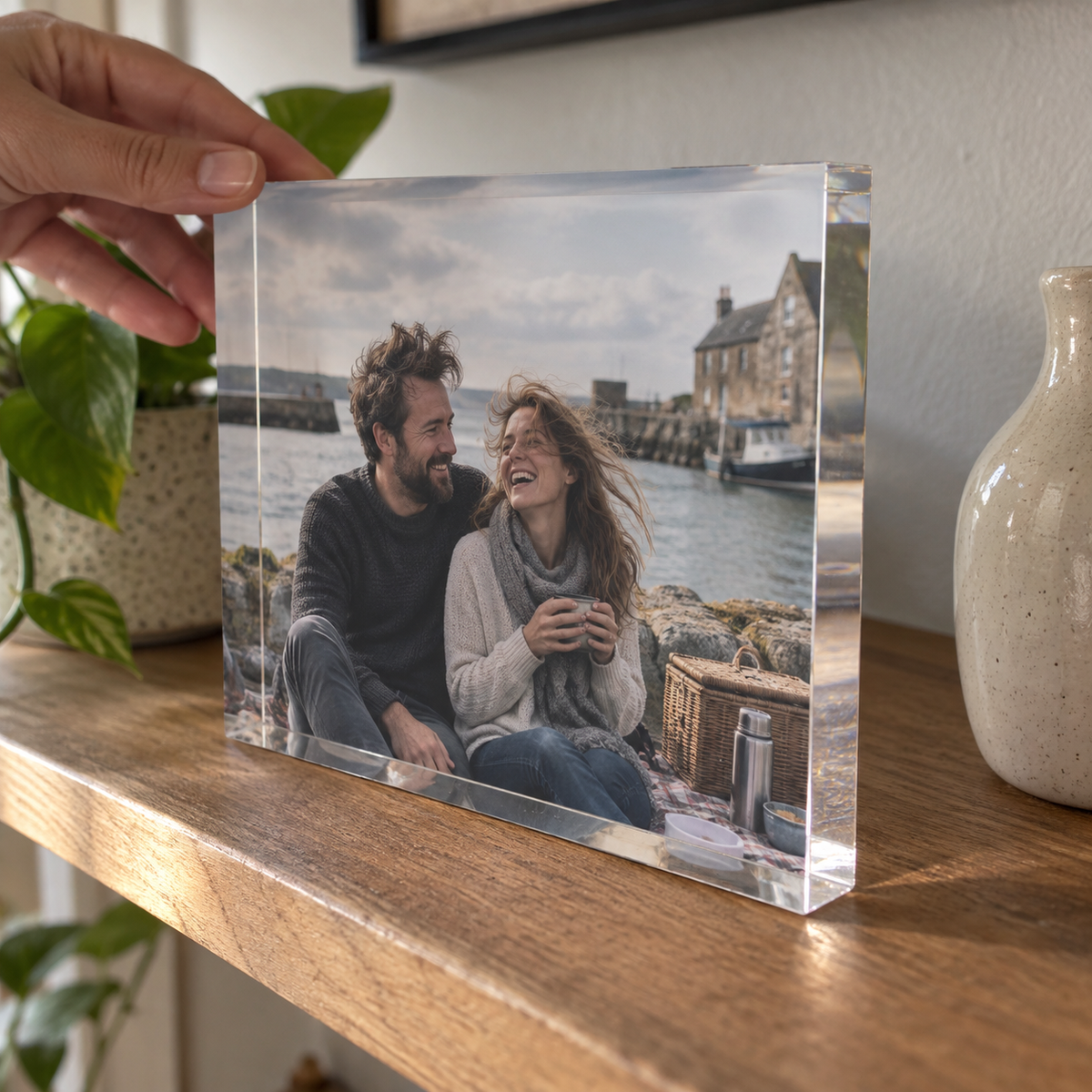 A thick acrylic photo print showing a couple laughing beside a windy harbor.