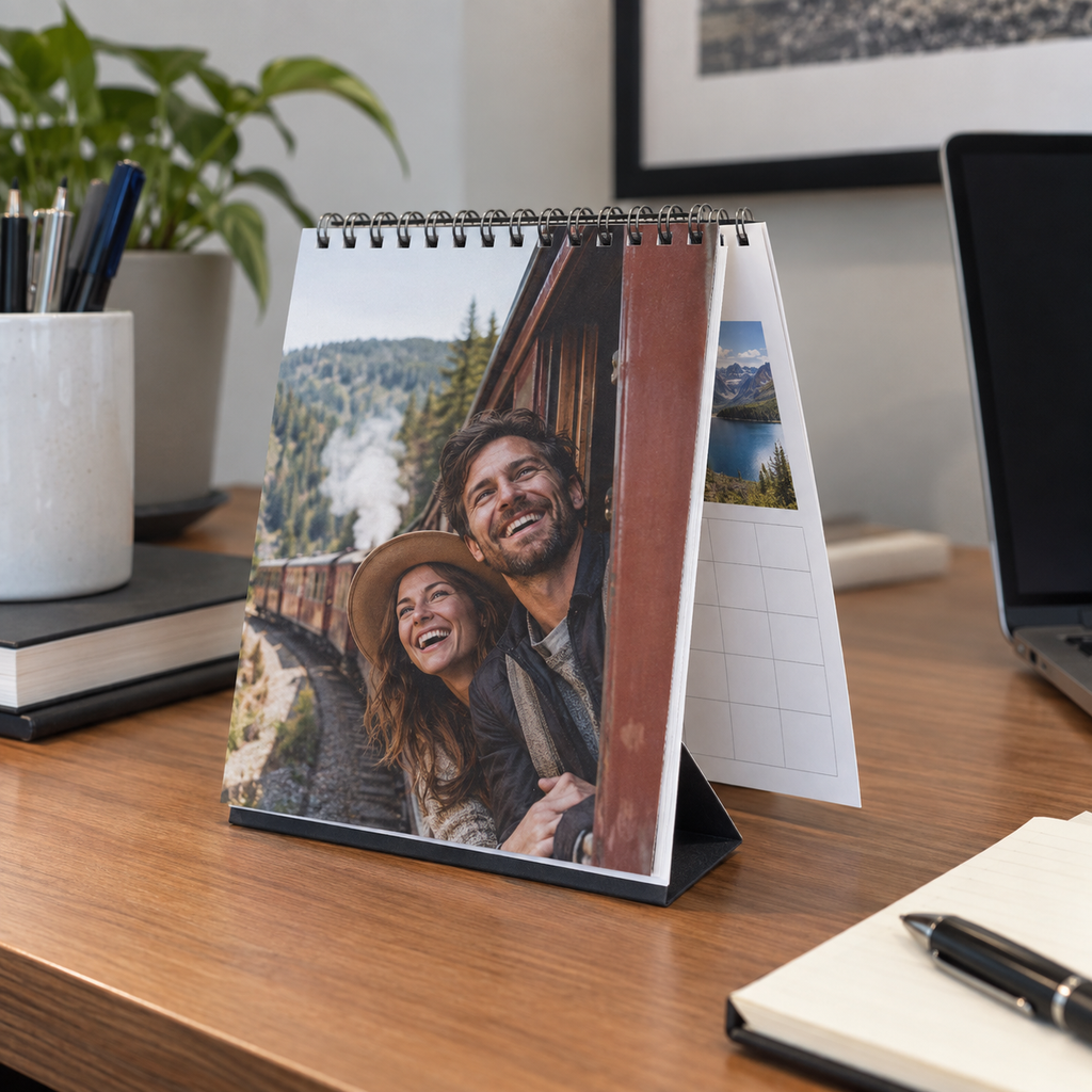 Desk photo calendar with a couple on an old train trip.