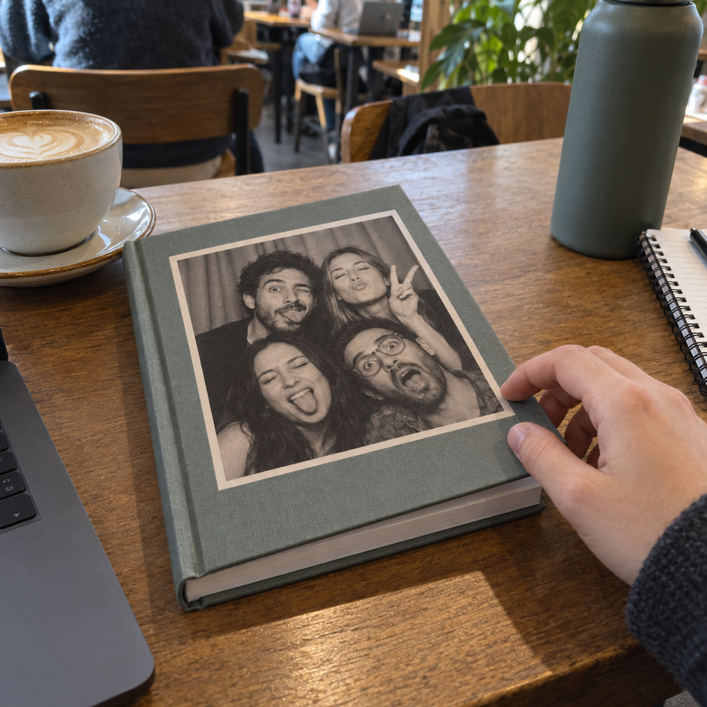 A5 notebook printed with a funny group photo booth picture.