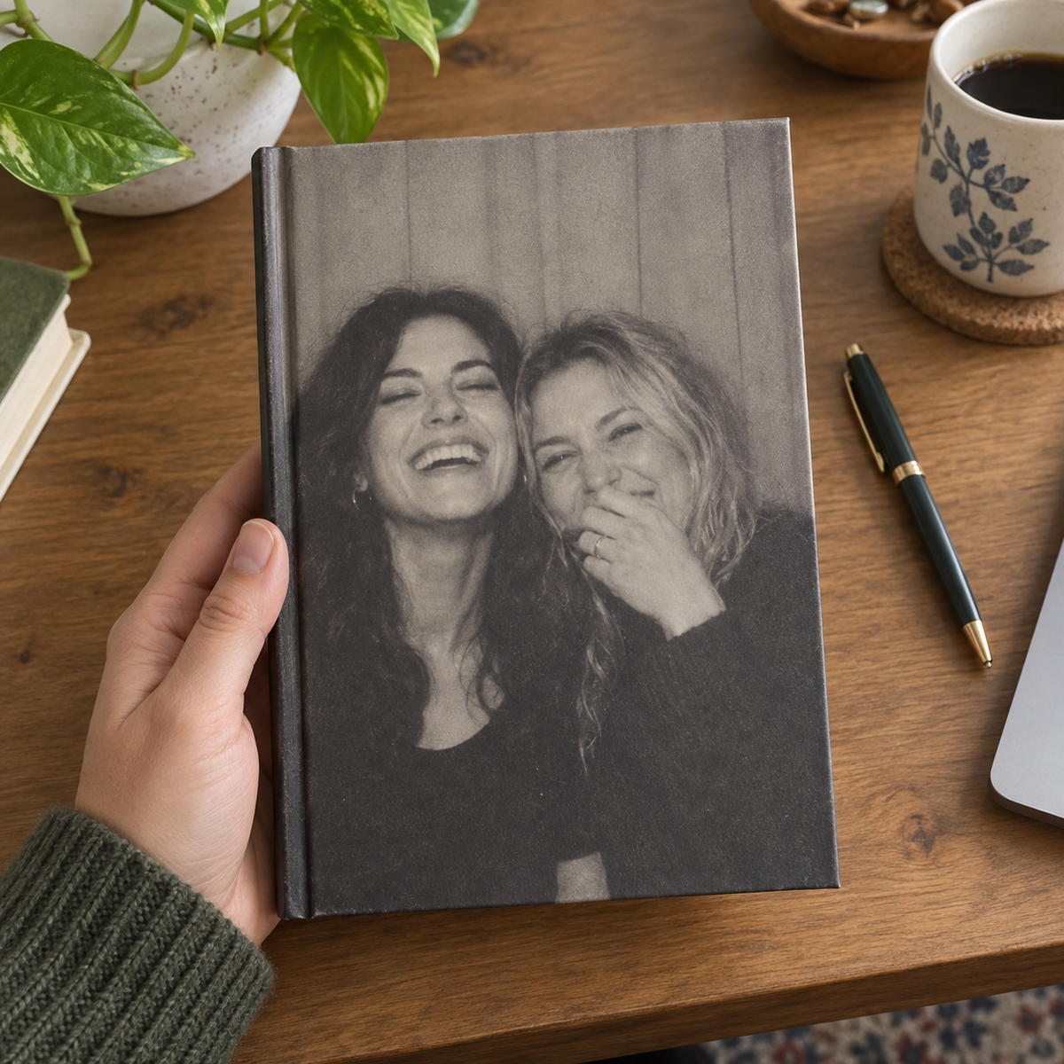 An A5 notebook printed with a black-and-white friends photo booth portrait.