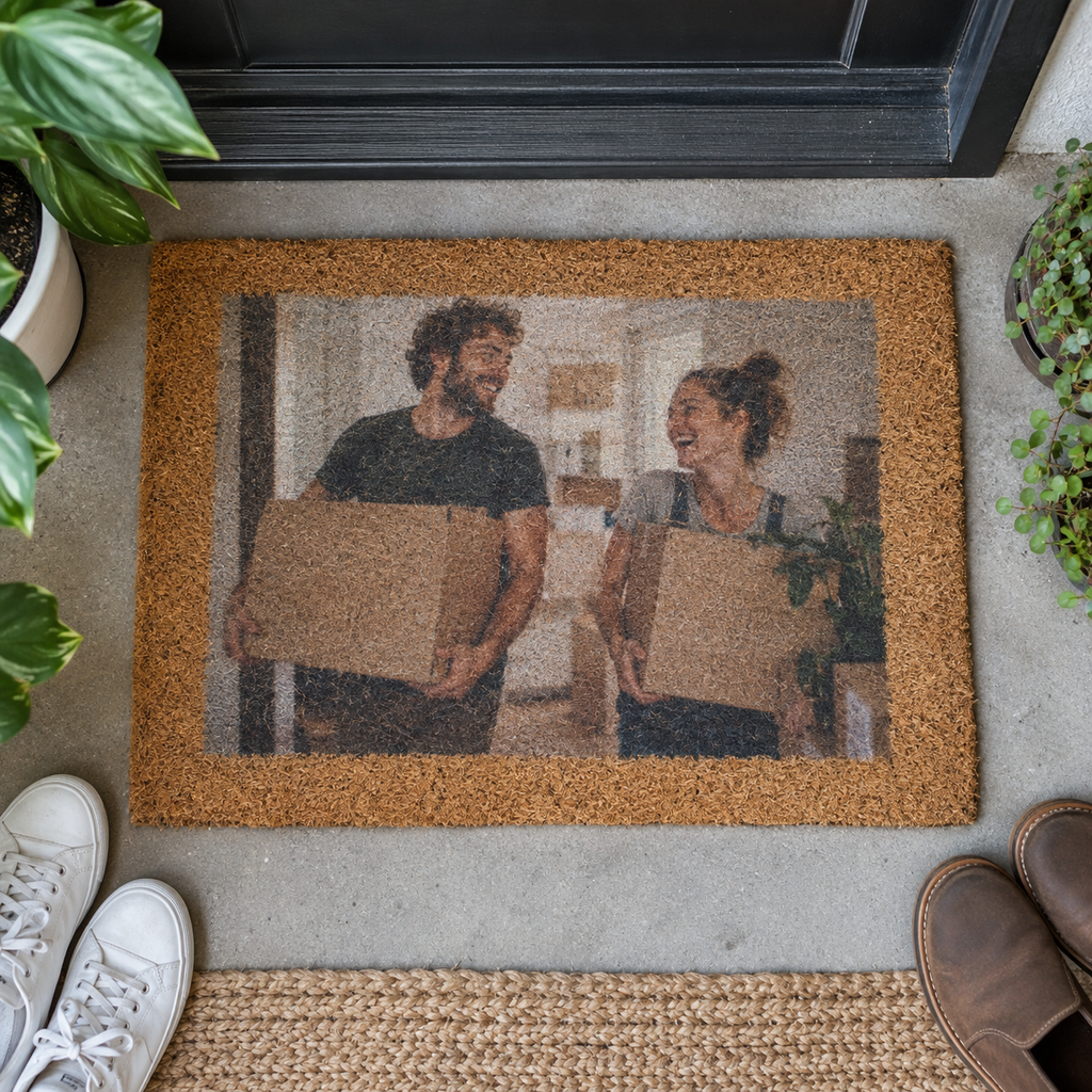 Coir doormat printed with a couple carrying moving boxes.