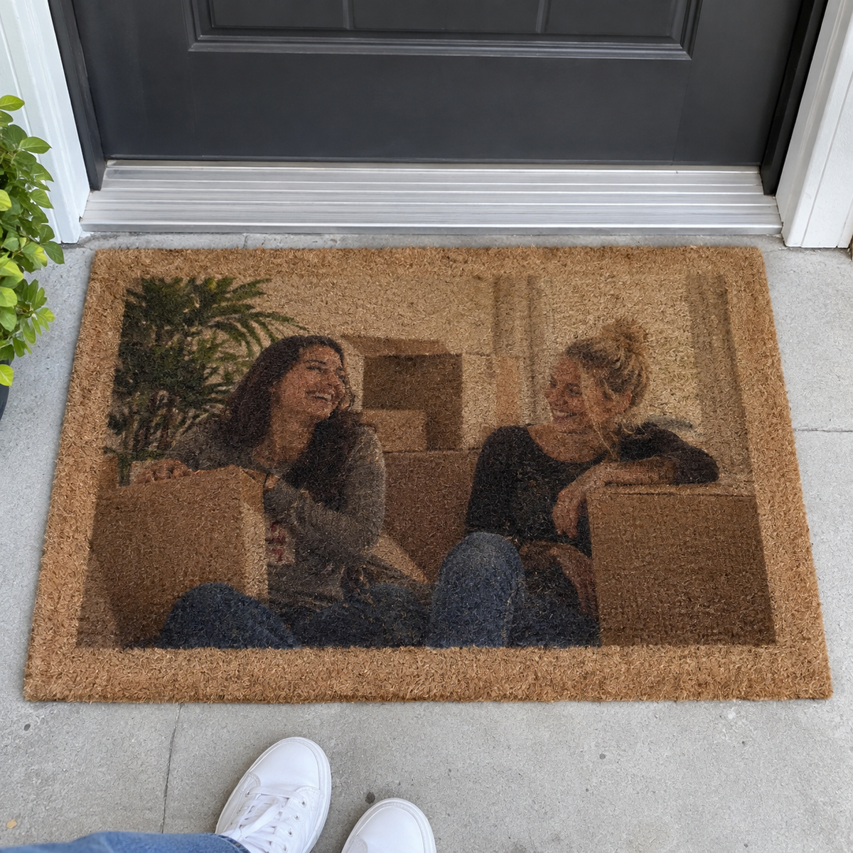 Coir doormat printed with a faded picture of two roommates moving in.