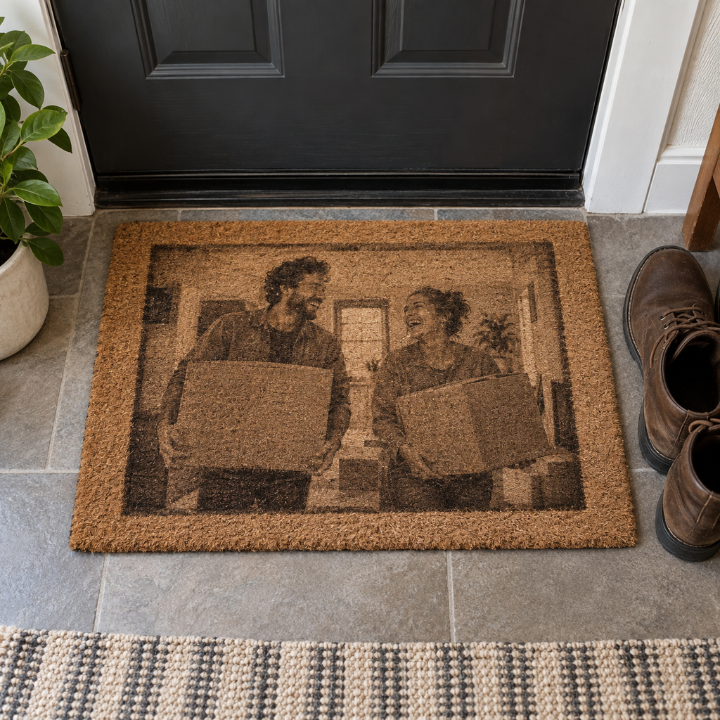 A coir doormat printed with a photo of a couple moving into their home.