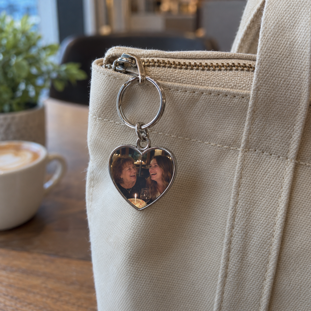 Heart-shaped photo keychain with a birthday family memory on a tote.