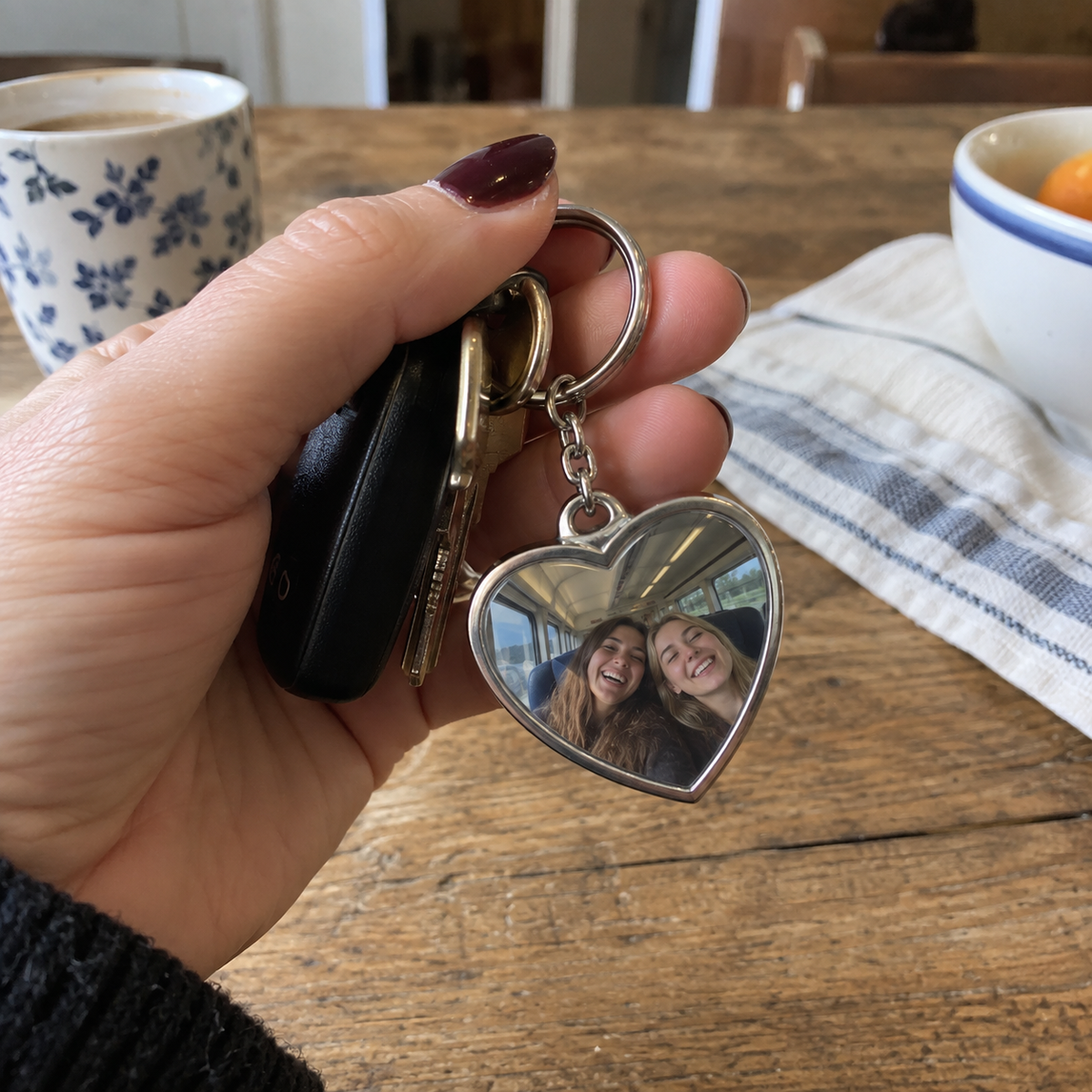 Heart keychain holding a photo of two friends on a train.