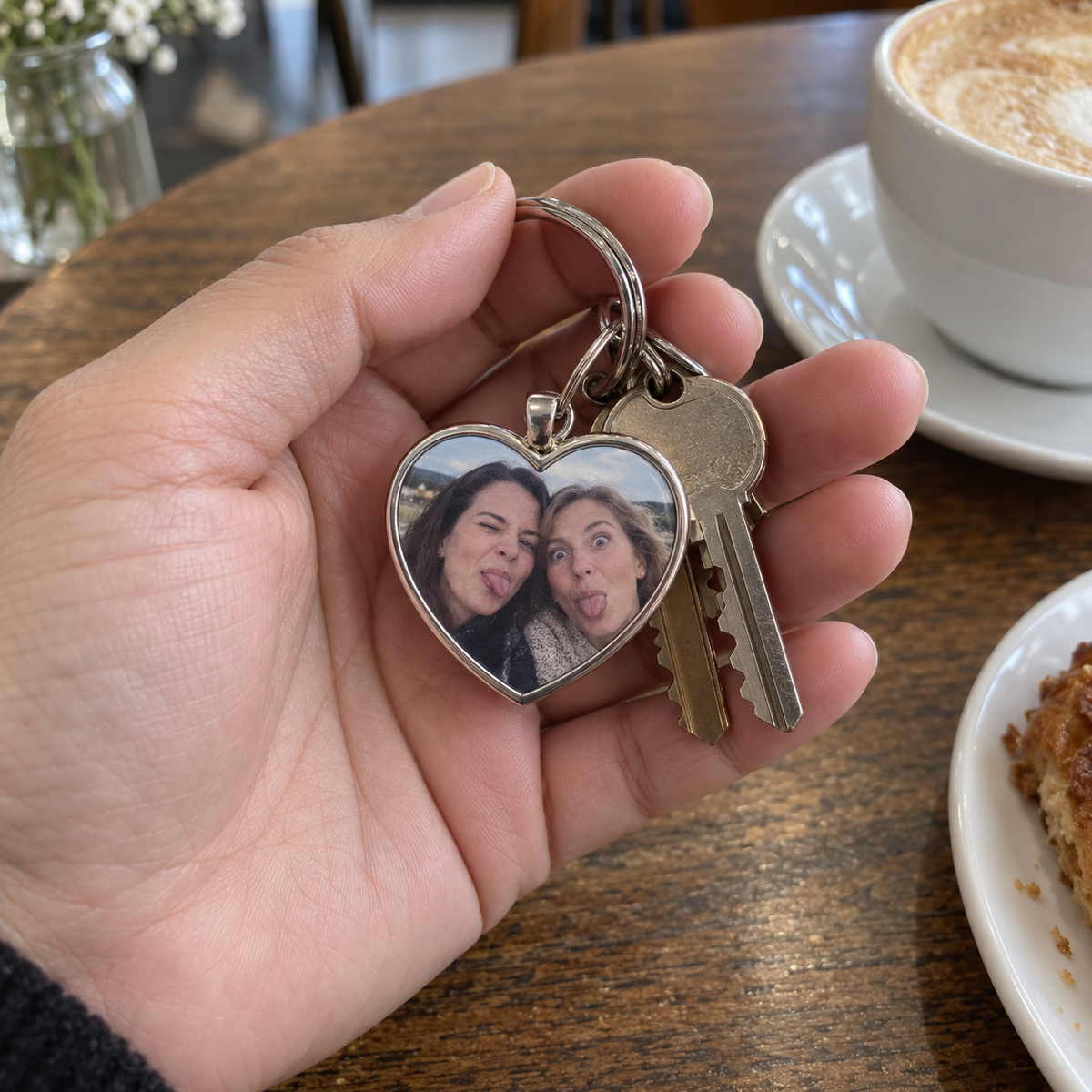 A small heart-shaped photo keychain showing two friends making funny faces.