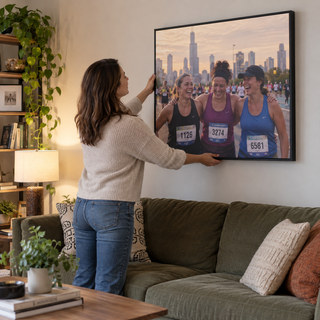 Framed canvas showing friends after a city marathon in a living room.