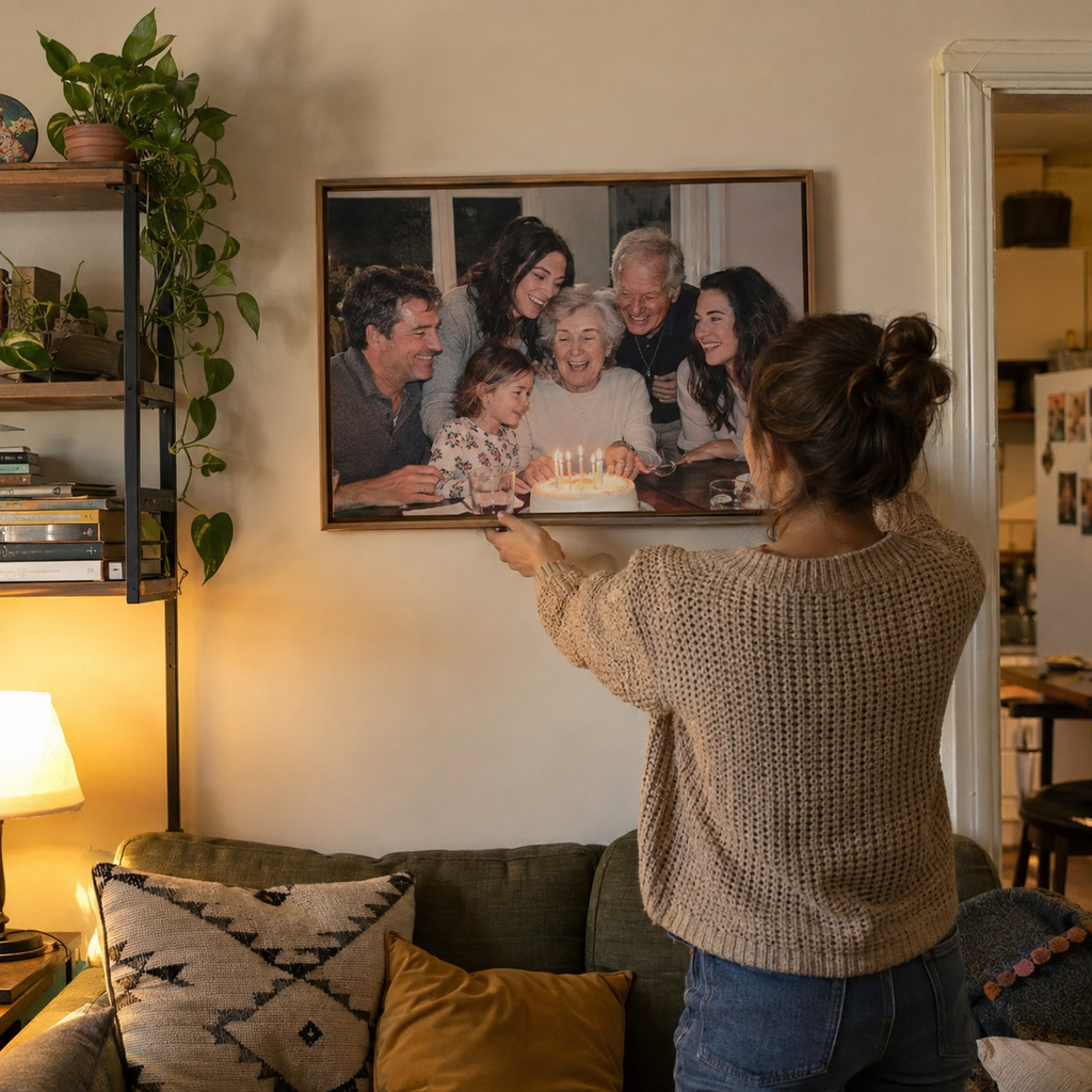 Framed canvas showing a family birthday photograph on a living room wall.