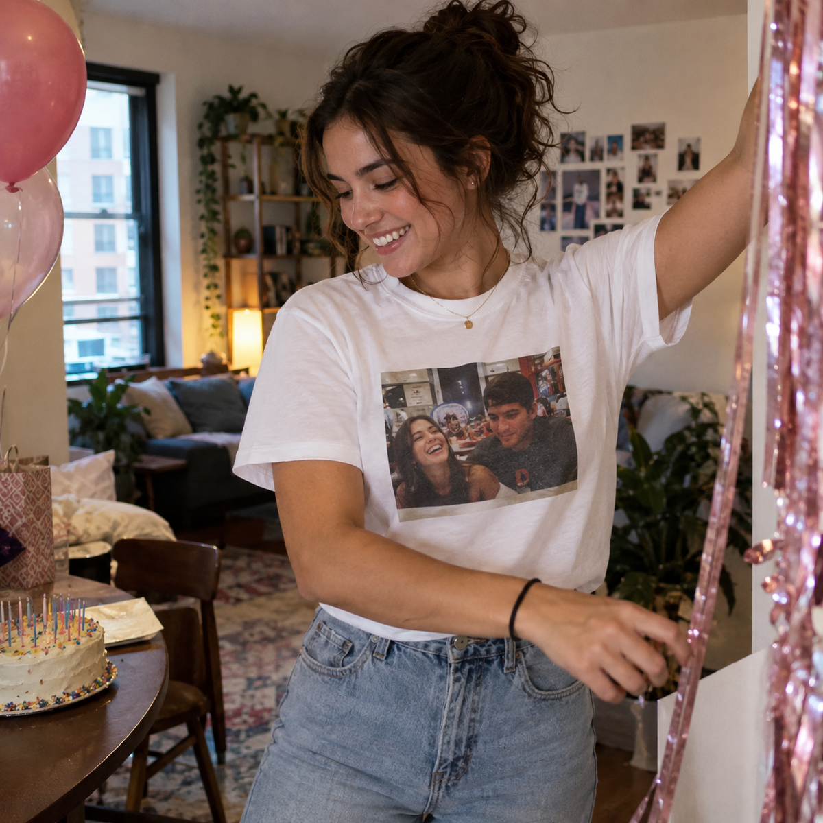 White photo T-shirt with a candid sibling diner memory at a birthday party.