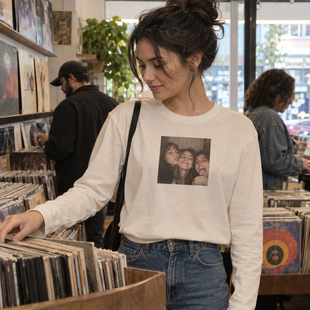 Cream long sleeve shirt with a candid photo of three friends together.