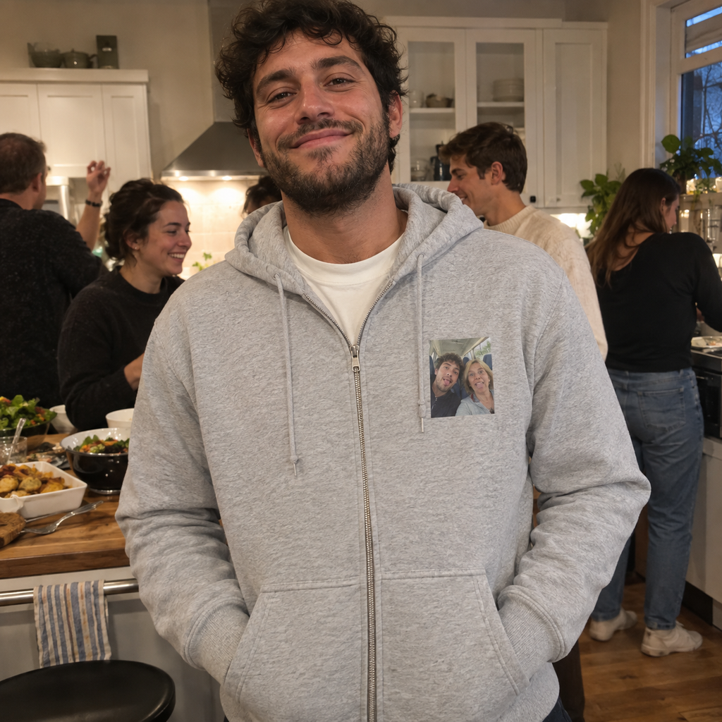 Zip hoodie with a tiny personal photo print on the left chest.