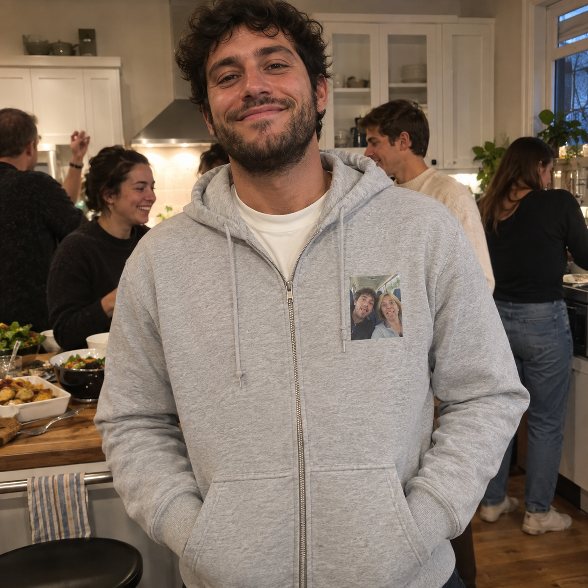 Zip hoodie with a tiny personal photo print on the left chest.