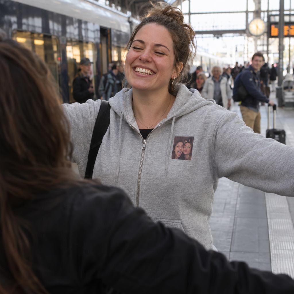 A zip hoodie with a small photo printed on its left chest during a reunion.