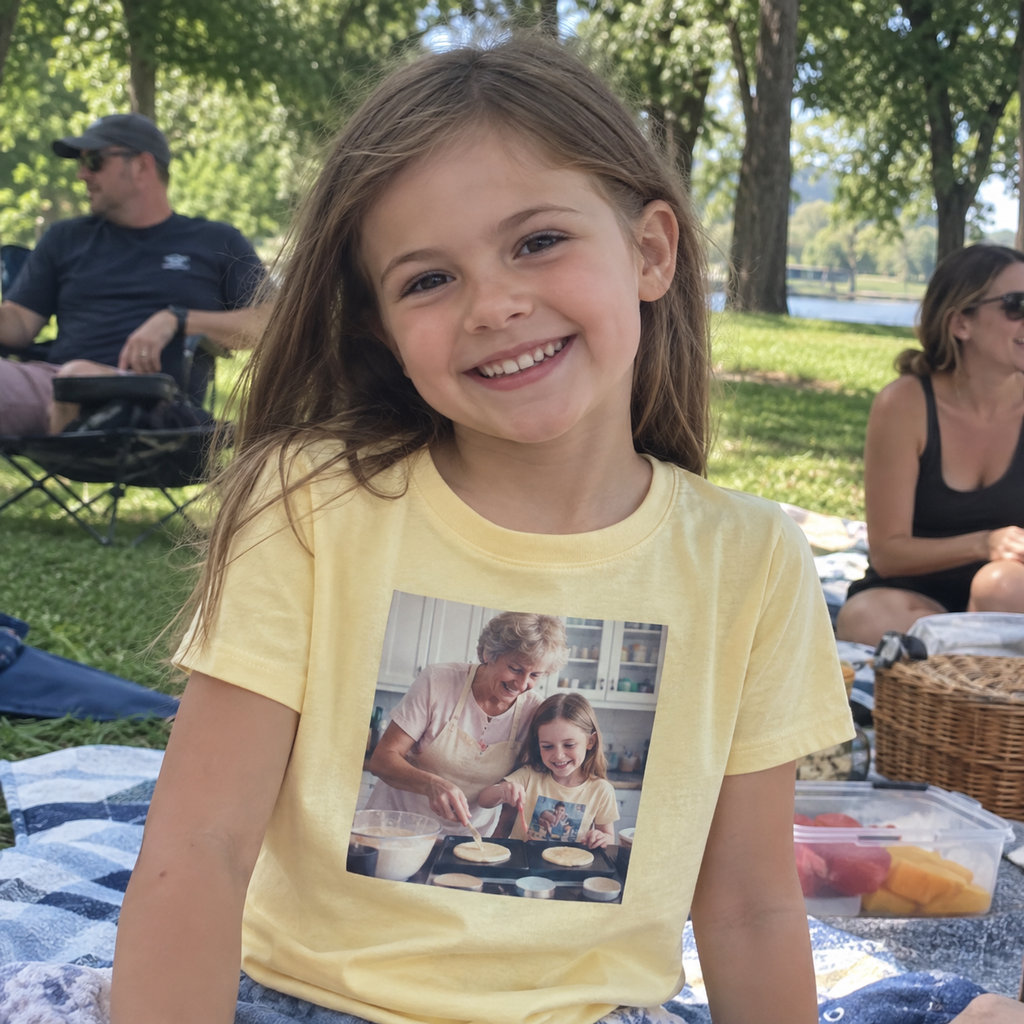 A child's yellow T-shirt printed with a grandmother and granddaughter baking.