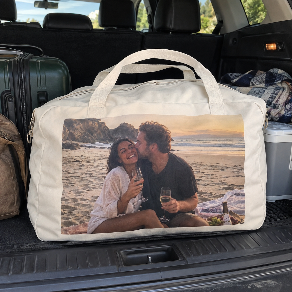 Weekender bag printed with a couple at the beach, packed for travel.