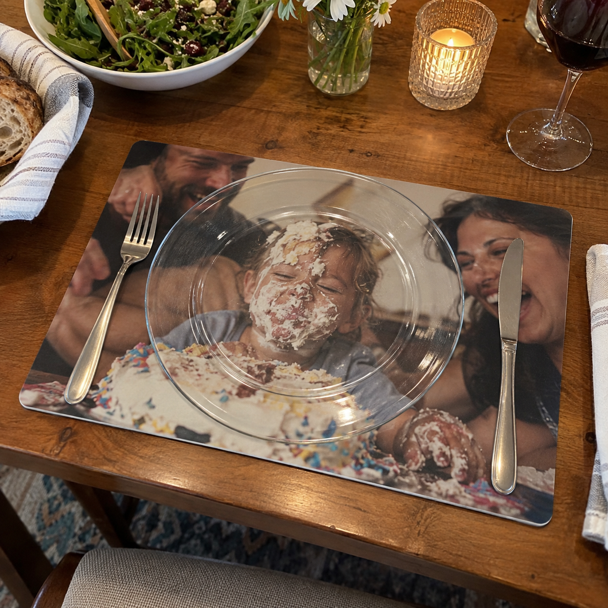 A placemat printed with a family birthday cake photograph.