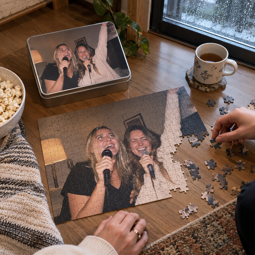 Photo jigsaw puzzle and tin showing friends singing karaoke.