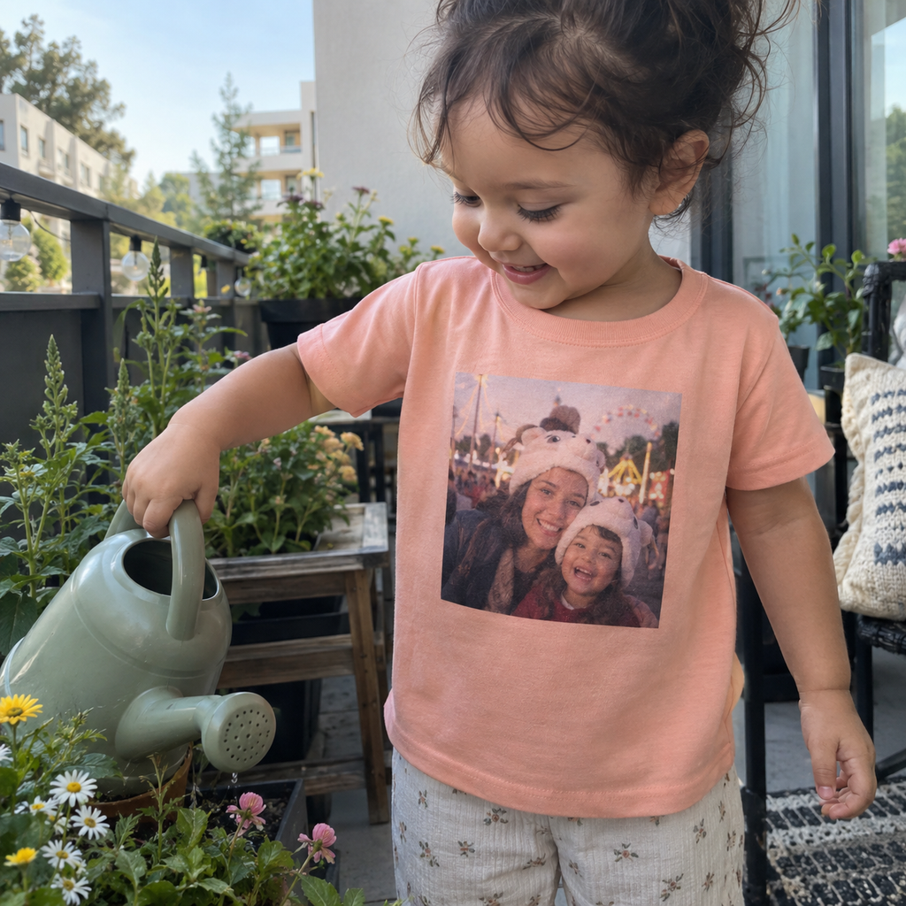 Toddler T-shirt printed with a joyful photo of mother and child.