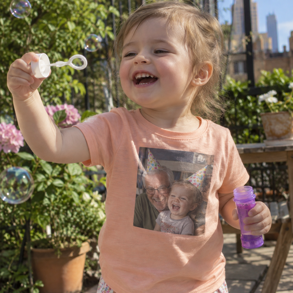 A toddler T-shirt printed with a party photograph of grandparent and child.
