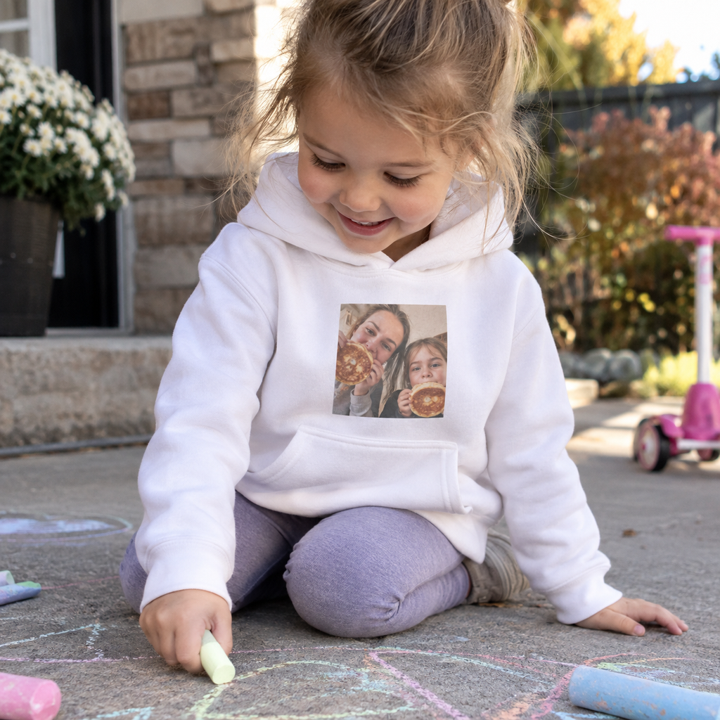 White toddler hoodie printed with a family pancake memory.