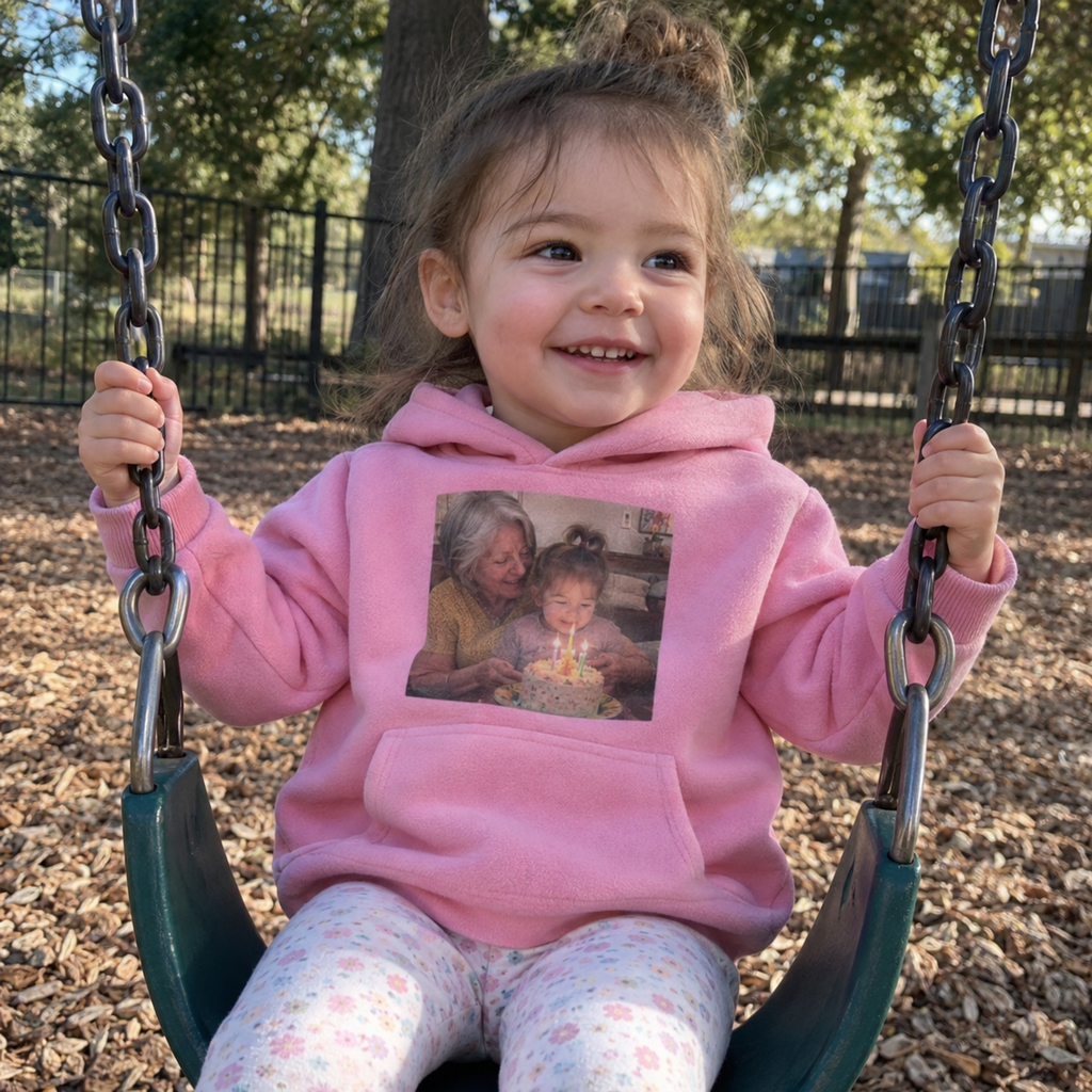 Pink toddler fleece hoodie with a small birthday memory photo.