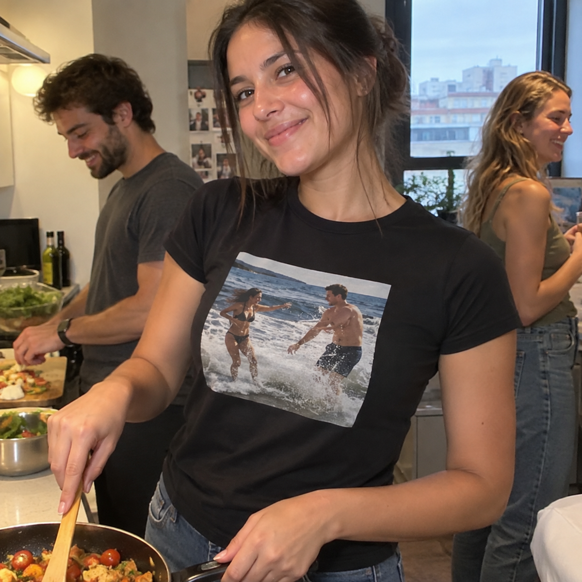 Organic women’s T-shirt personalized with a summer couple photograph.
