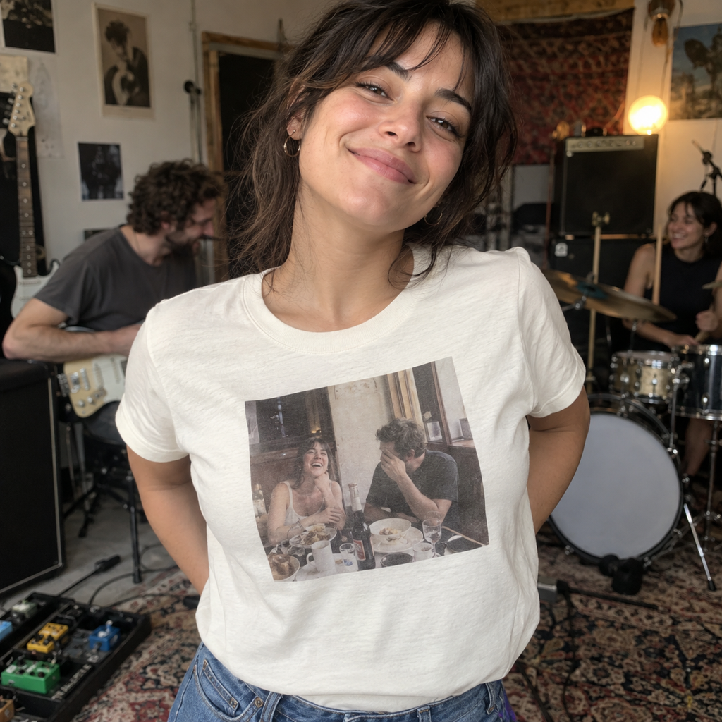 An organic women's T-shirt printed with a candid café memory.
