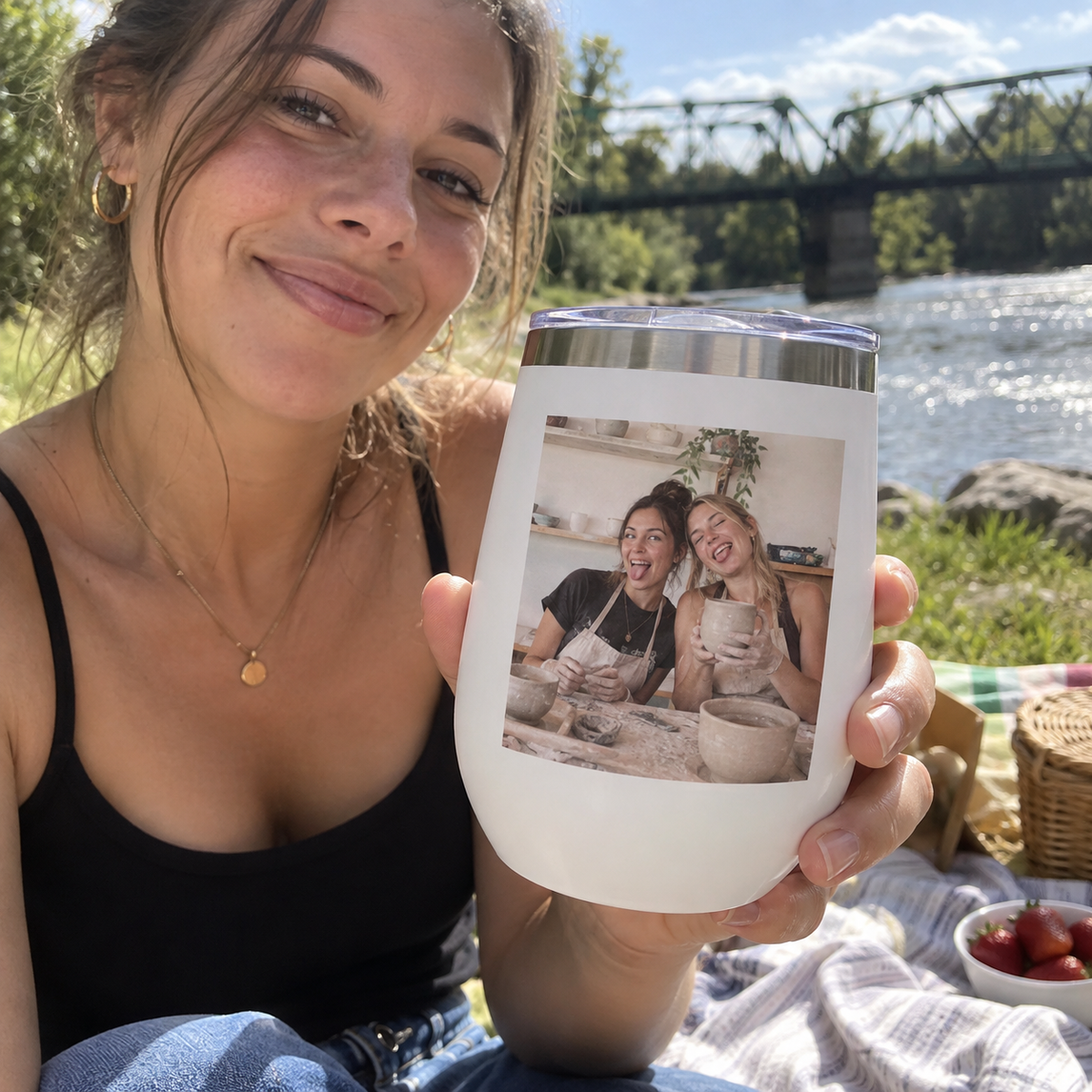 Wine tumbler printed with two women at a pottery class.