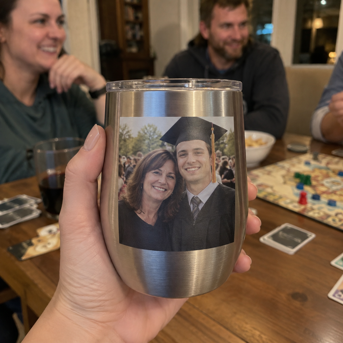 Steel tumbler printed with a graduation photo of mother and son.
